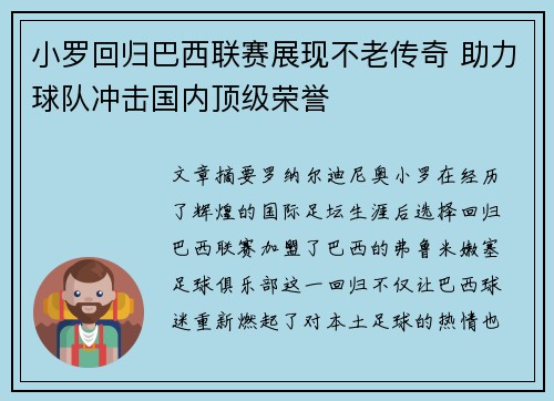 小罗回归巴西联赛展现不老传奇 助力球队冲击国内顶级荣誉