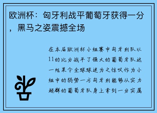欧洲杯：匈牙利战平葡萄牙获得一分，黑马之姿震撼全场