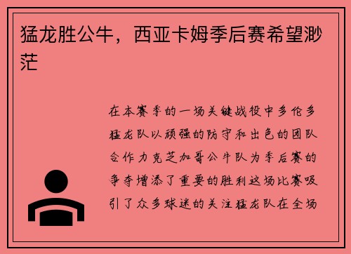 猛龙胜公牛，西亚卡姆季后赛希望渺茫