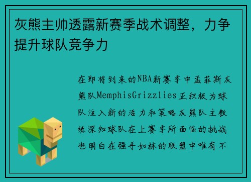 灰熊主帅透露新赛季战术调整，力争提升球队竞争力
